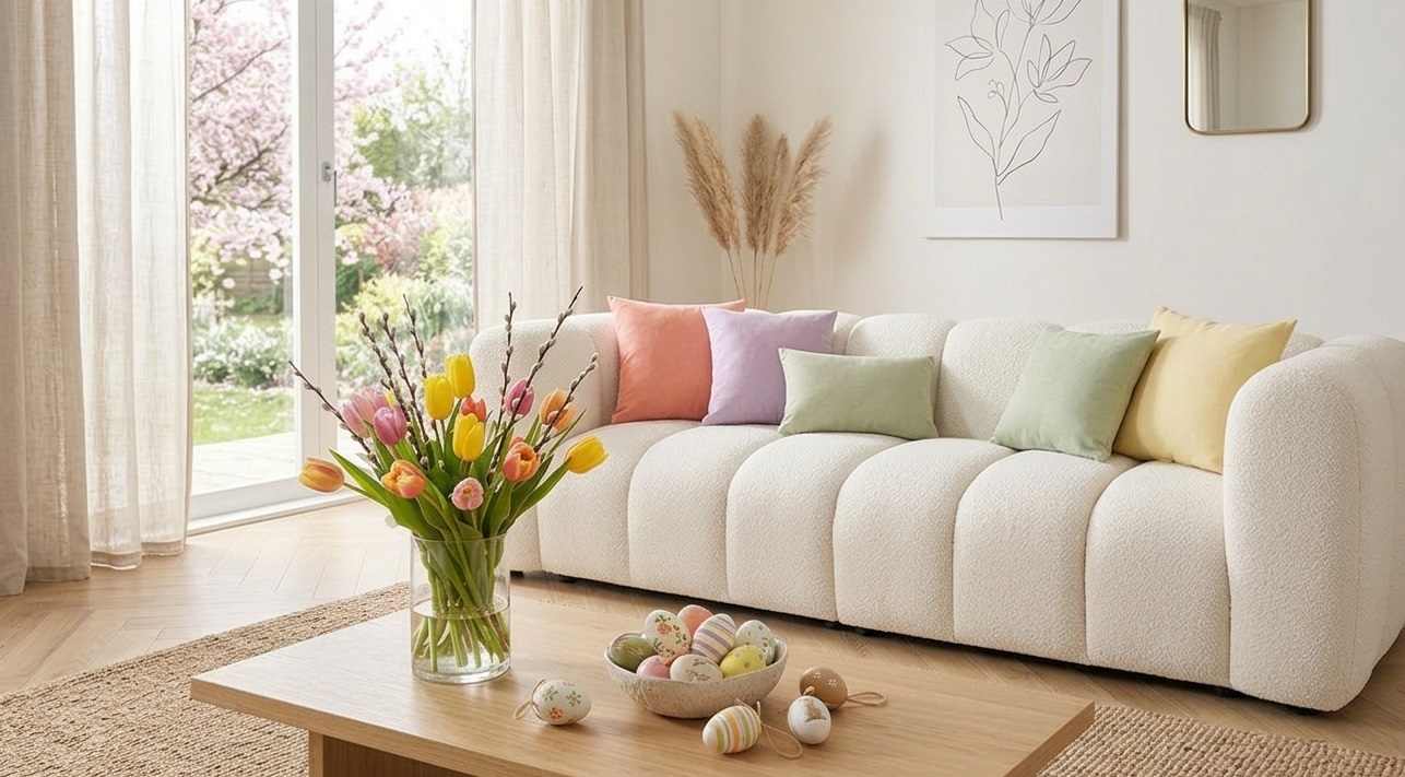 jak udekorować sofe na Wielkanoc kolorowe poduszki kwiaty